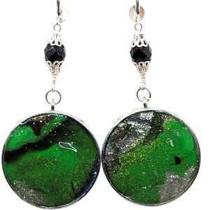 Green Silver Round Earrings